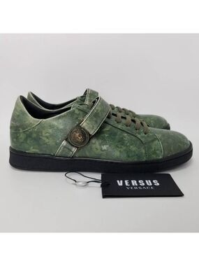 Versace Versus Camo Green Leather Strap Low Top Sneakers With Lion Head Size 39